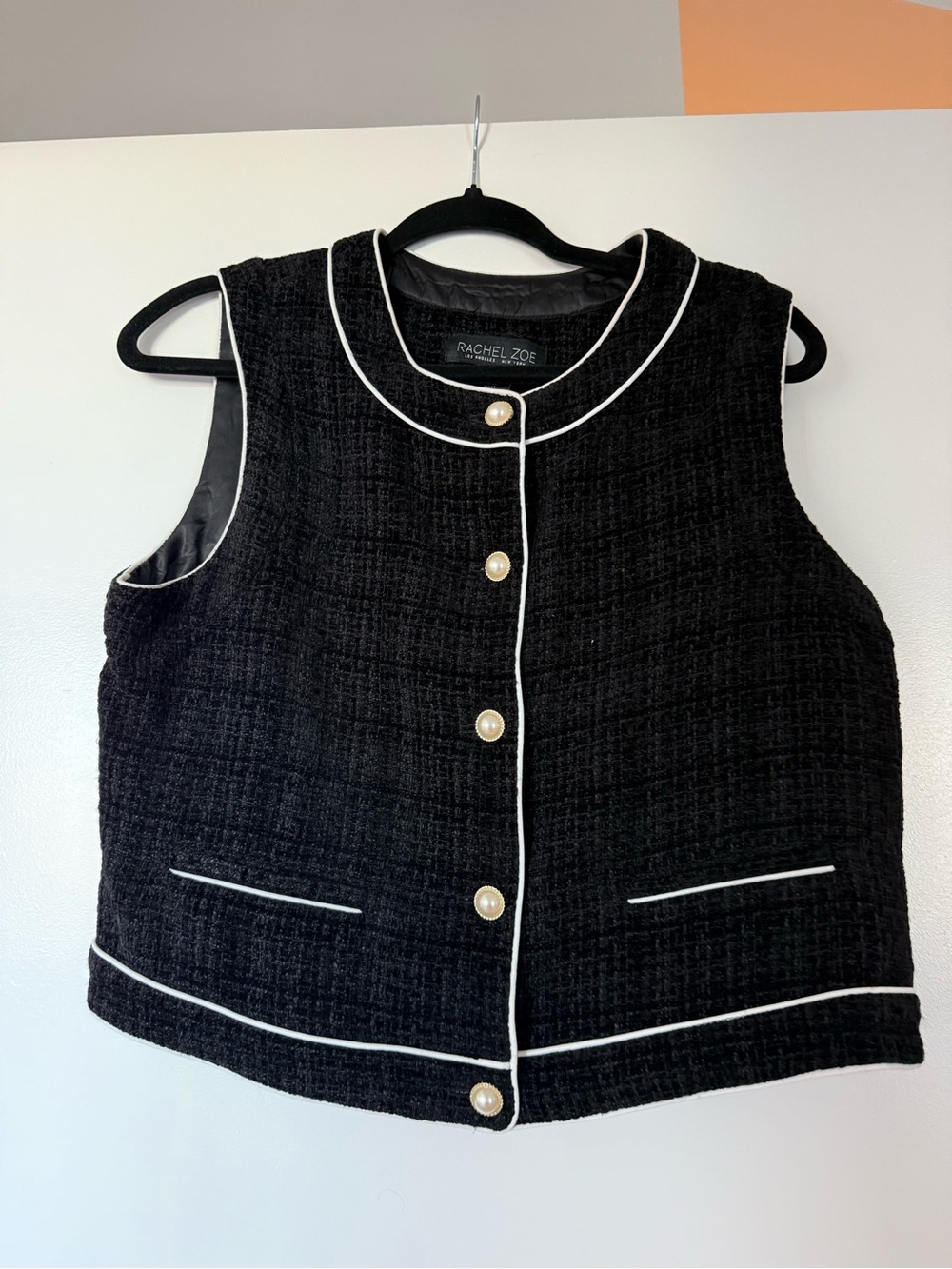 Rachel Zoe Black Tweed Vest with White Piping and Pearl Buttons